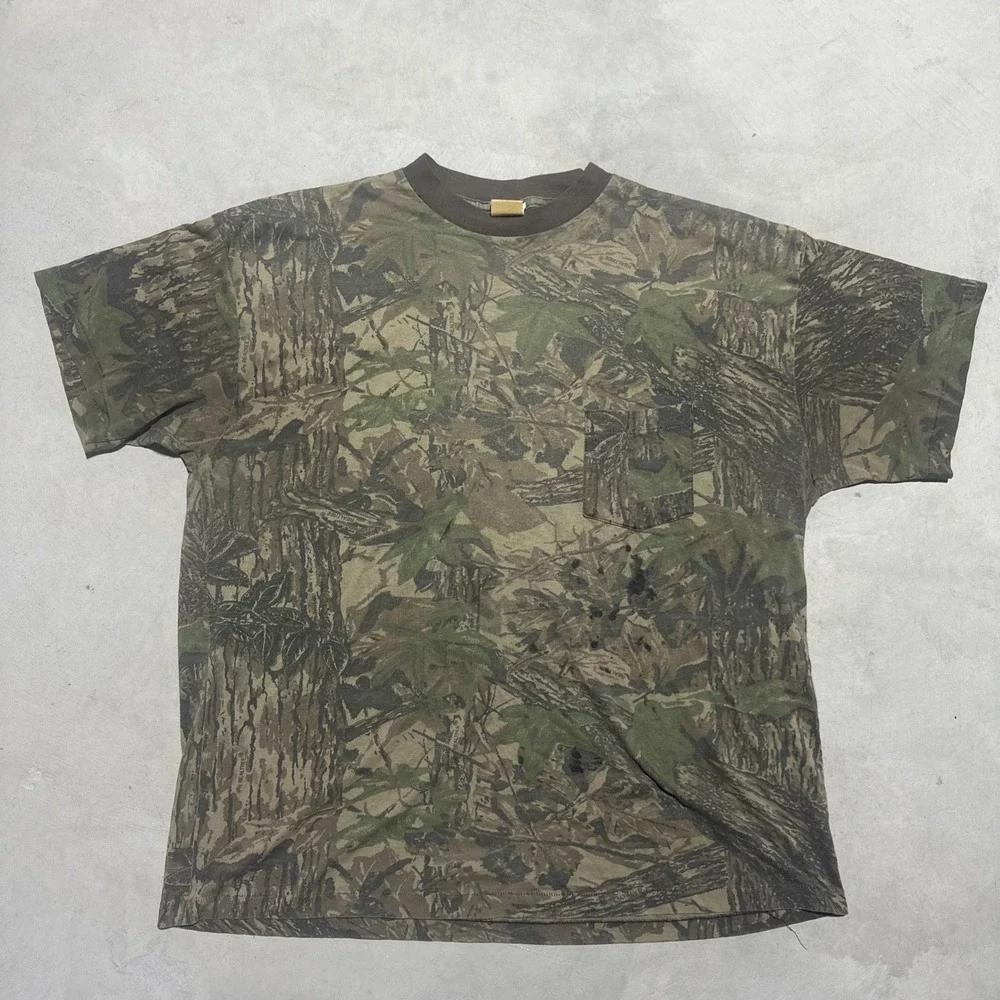 Vintage Camo Shirt Men 2XL Single Stitch USA MADE Red Head Pocket T Shirt